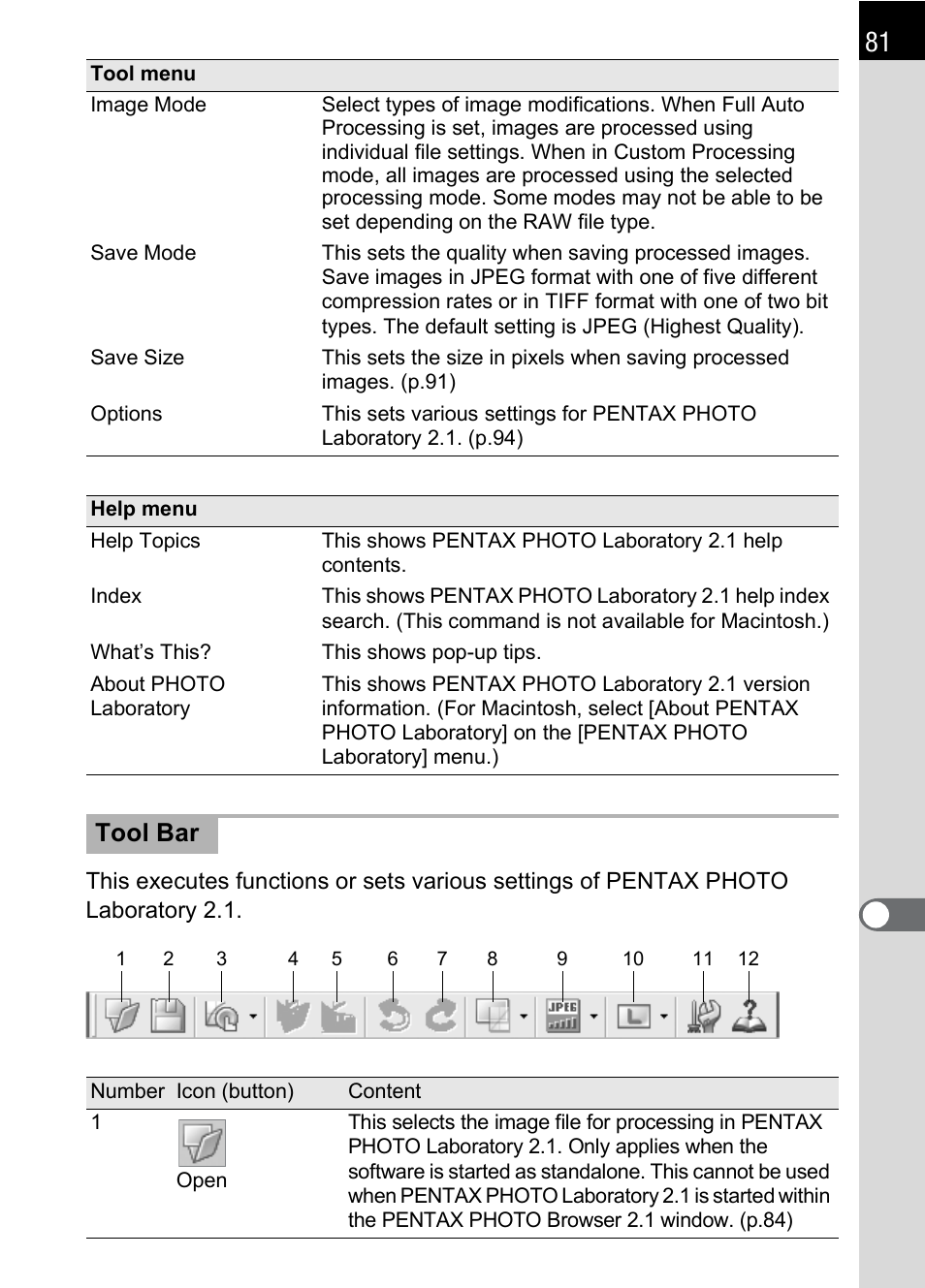 Tool bar | Pentax 2.1 User Manual | Page 83 / 104