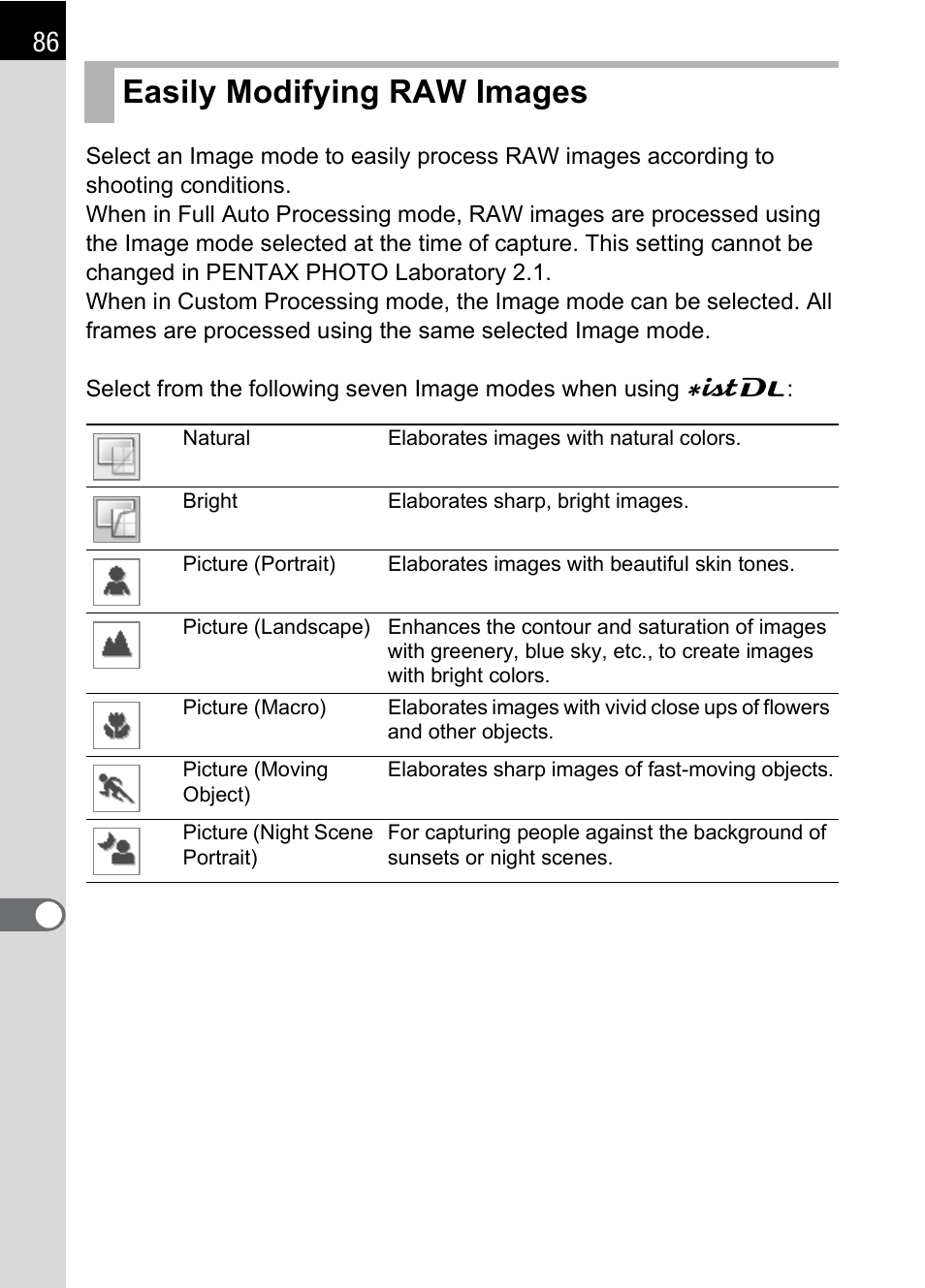 Easily modifying raw images, P.86 | Pentax 2.1 User Manual | Page 88 / 104