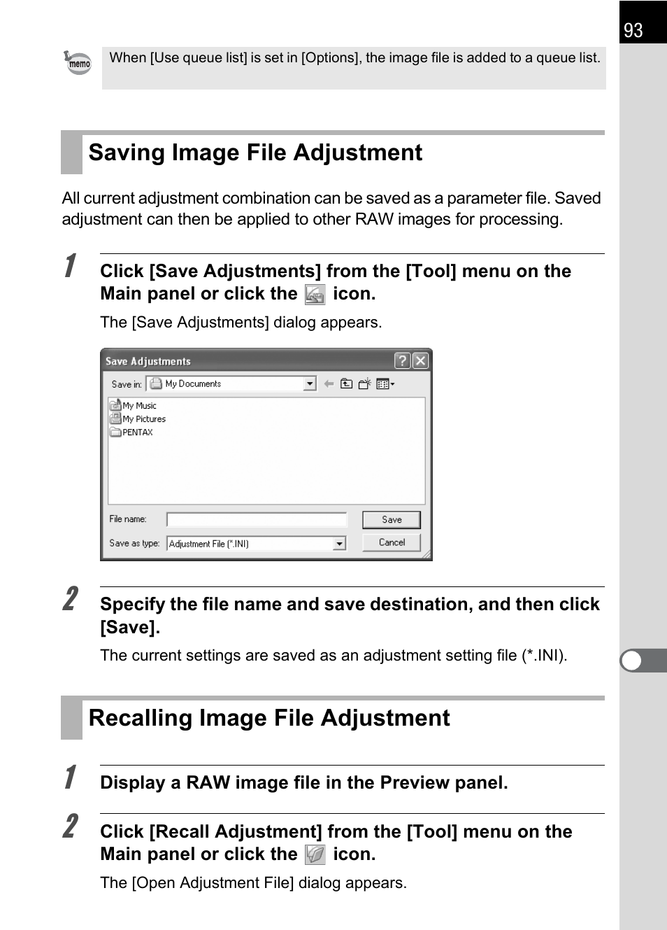 Saving image file adjustment, Recalling image file adjustment, P.93) | P.93 | Pentax 2.1 User Manual | Page 95 / 104