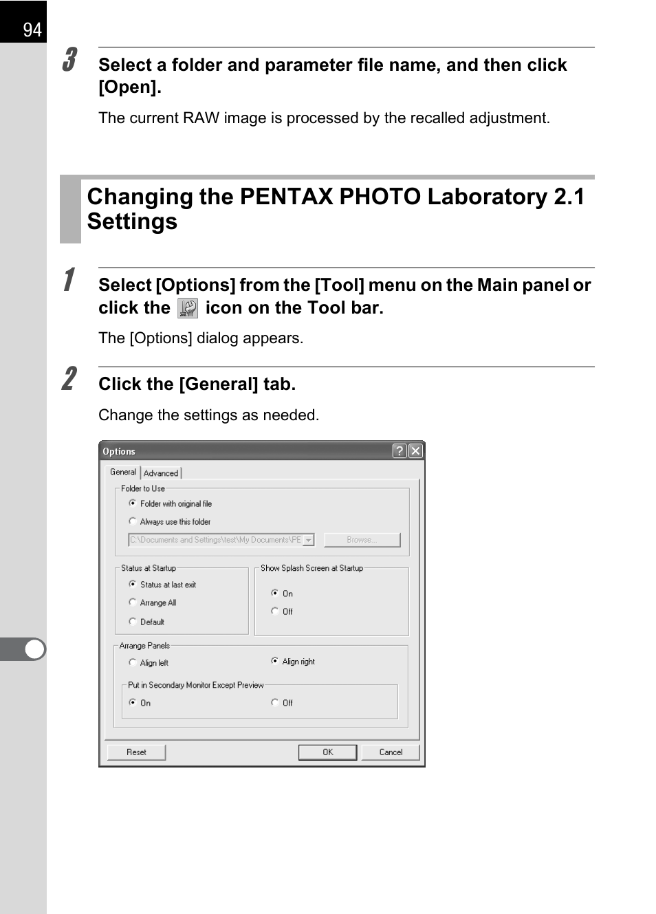Changing the pentax photo laboratory 2.1 settings | Pentax 2.1 User Manual | Page 96 / 104