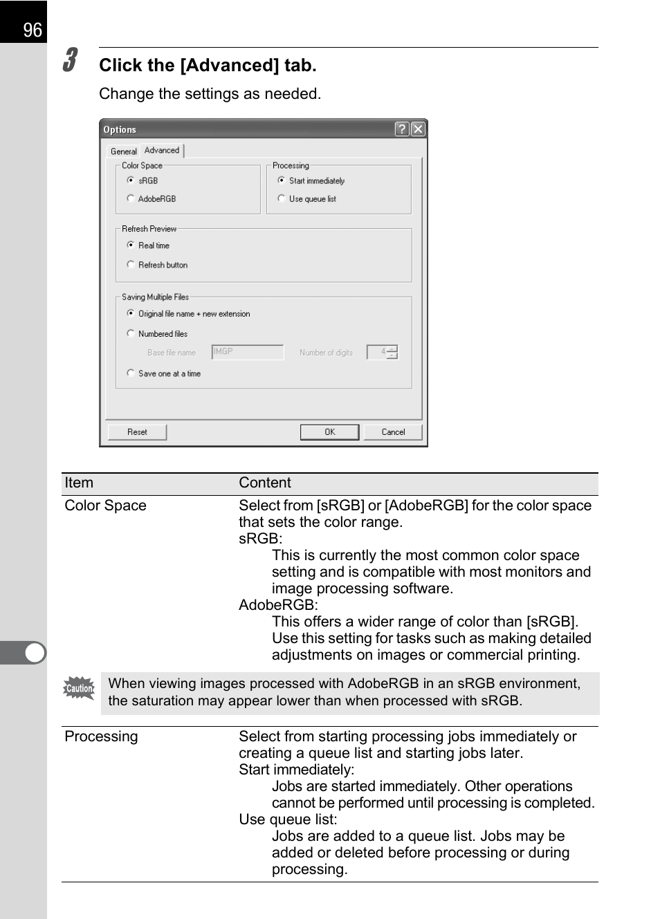 Click the [advanced] tab | Pentax 2.1 User Manual | Page 98 / 104