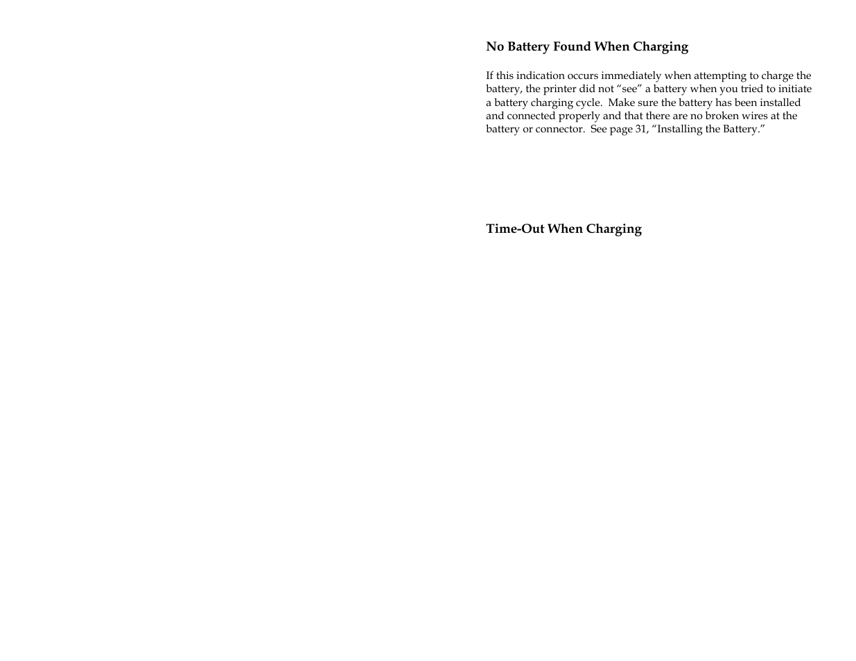 No battery found when charging, Time-out when charging | Pentax PocketJet 3 User Manual | Page 55 / 82