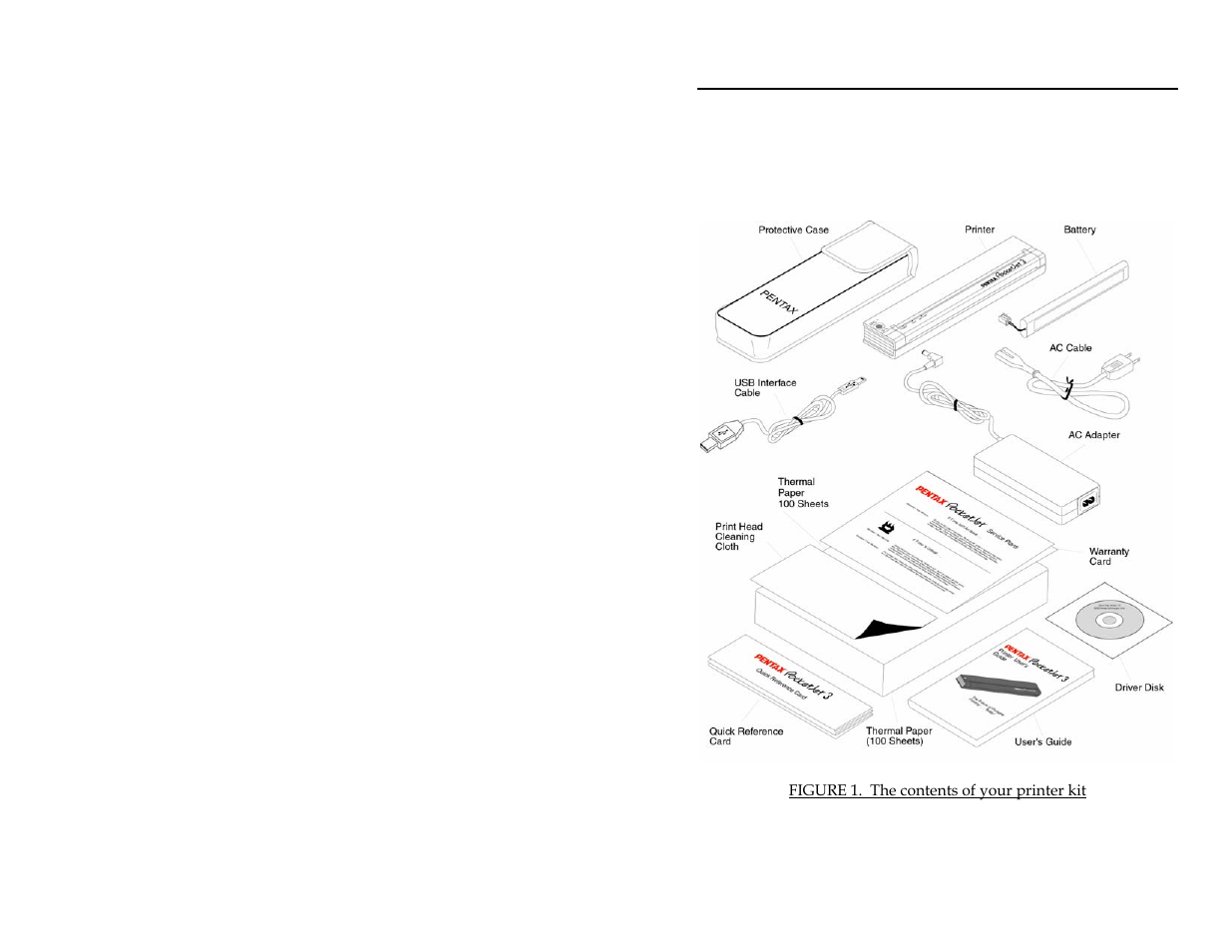 Figure 1. the contents of your printer kit, Chapter 1 - setting up the printer | Pentax PocketJet 3 User Manual | Page 9 / 82