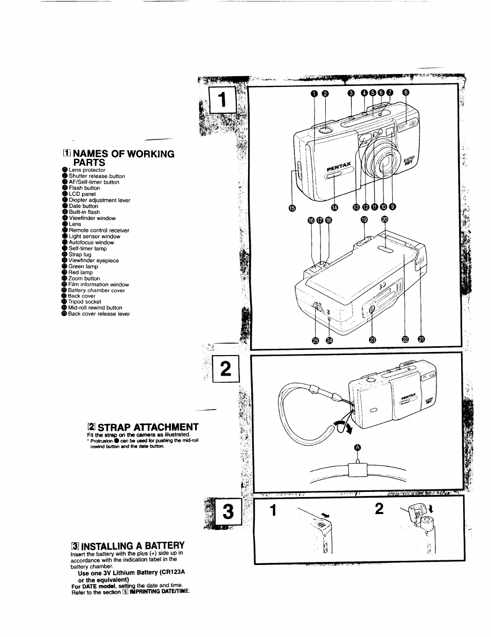 Ib names of working parts, 131 installing a battery, Si strap attachment | Pentax Espio 140V User Manual | Page 2 / 6