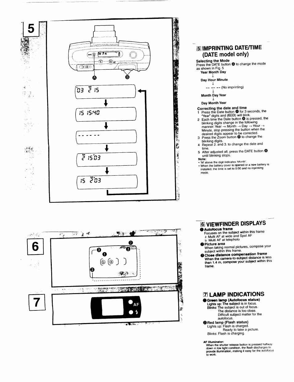 15 .‘s'vo, 1] imprinting date/time (date model only), Is viewfinder displays | Is lamp indications | Pentax Espio 140V User Manual | Page 4 / 6