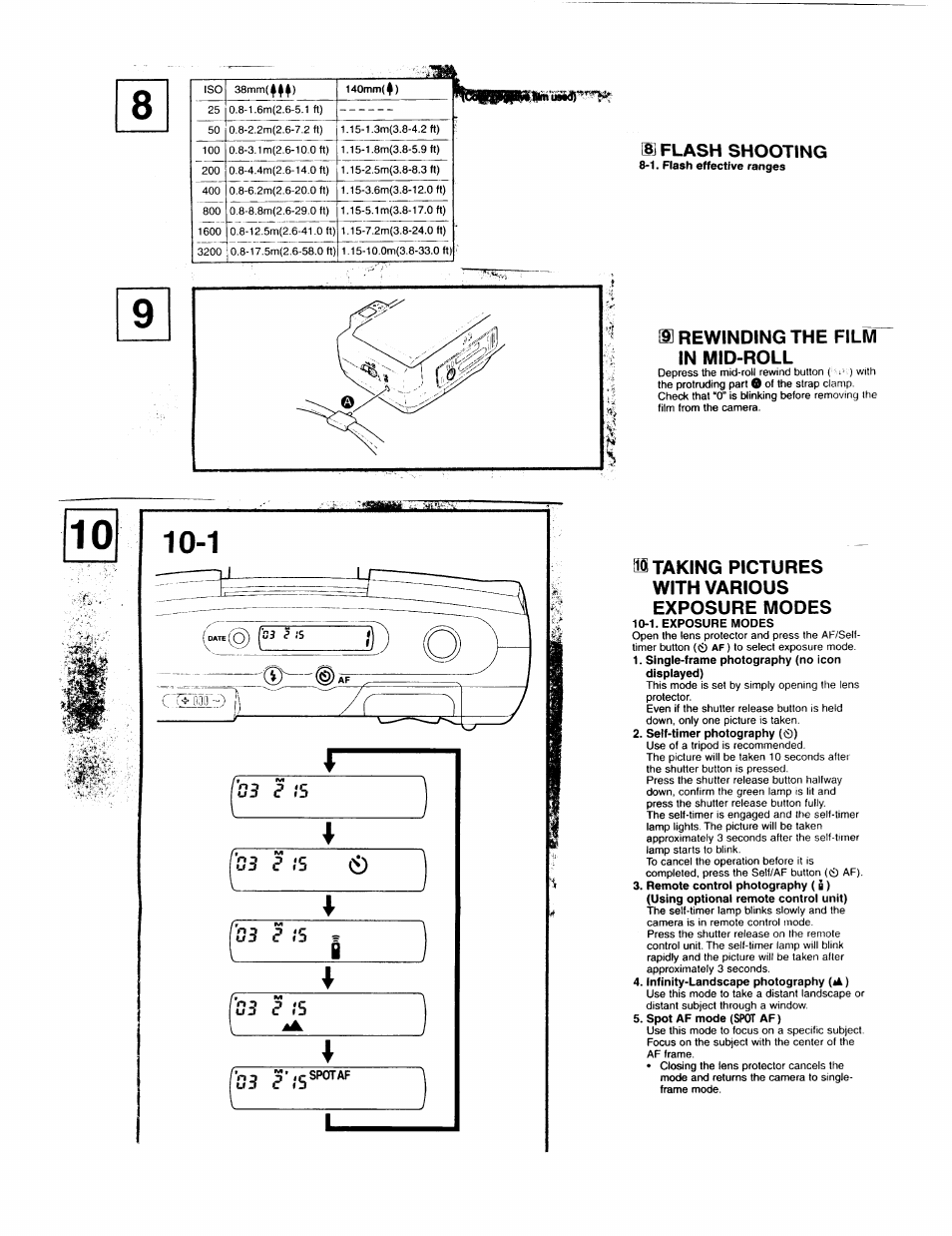 1. flash effective ranges, M rewinding the film in mid-roll, Ffl taking pictures with various exposure modes | 1. exposure modes, Single-frame photography (no icon displayed), Self-timer photography (0), Spot af mode (spot af), Í8] flash shooting | Pentax Espio 140V User Manual | Page 5 / 6