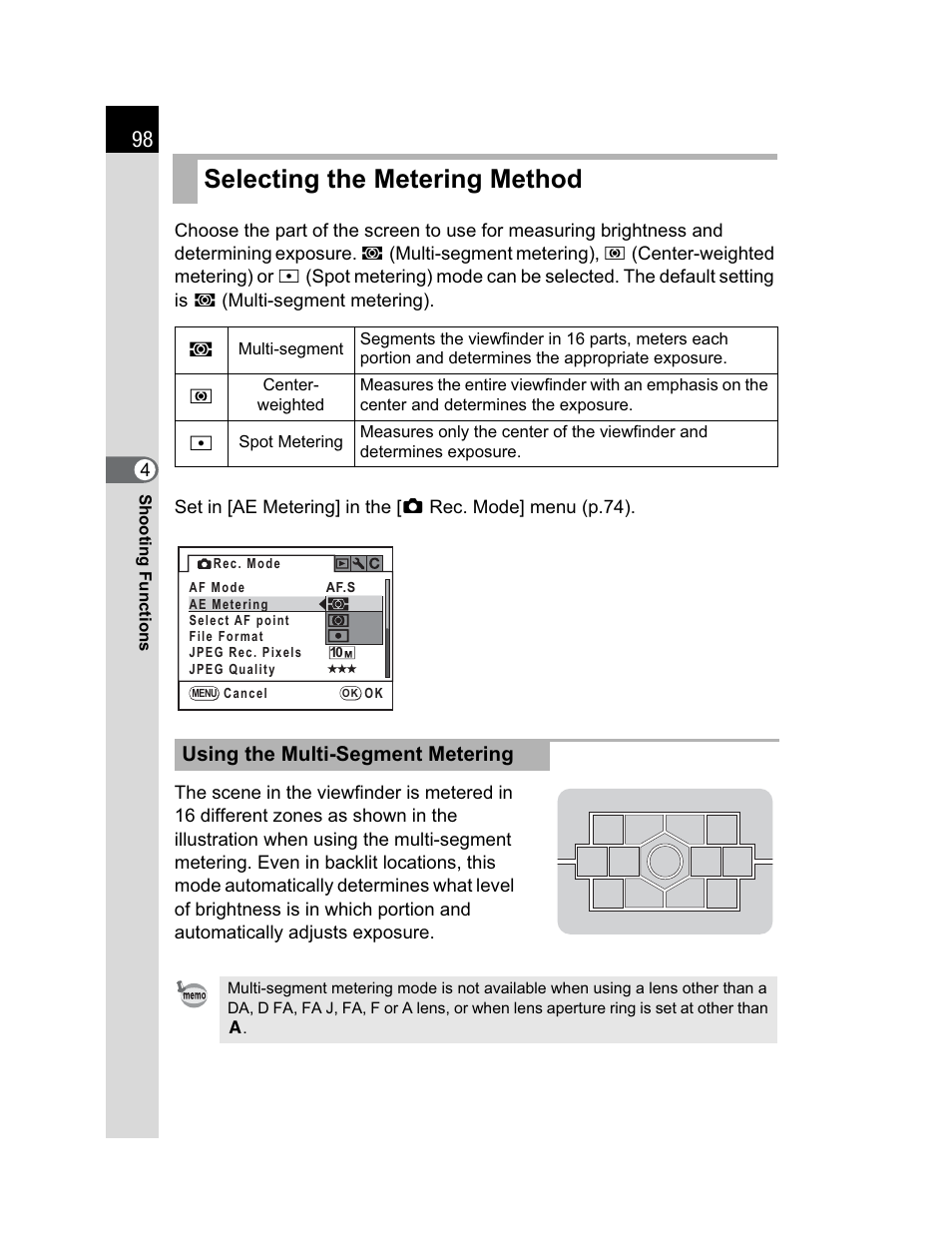 Selecting the metering method | Pentax K200D User Manual | Page 100 / 266