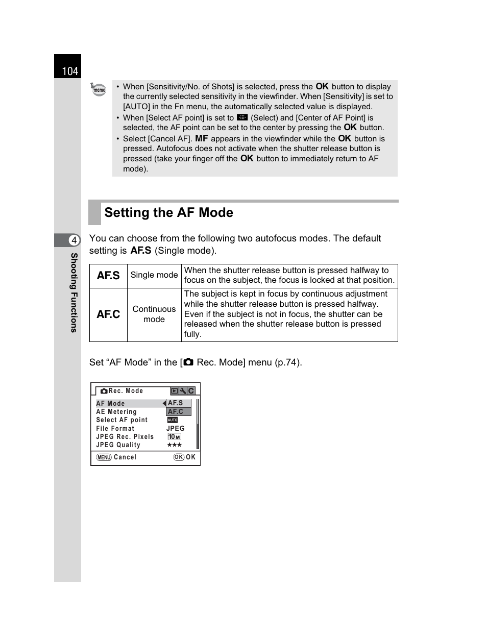 Setting the af mode | Pentax K200D User Manual | Page 106 / 266
