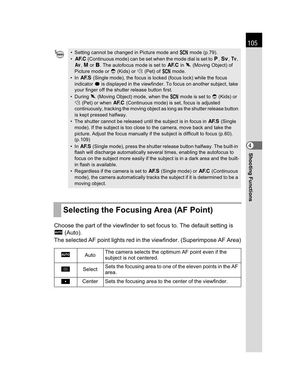Selecting the focusing area (af point) | Pentax K200D User Manual | Page 107 / 266