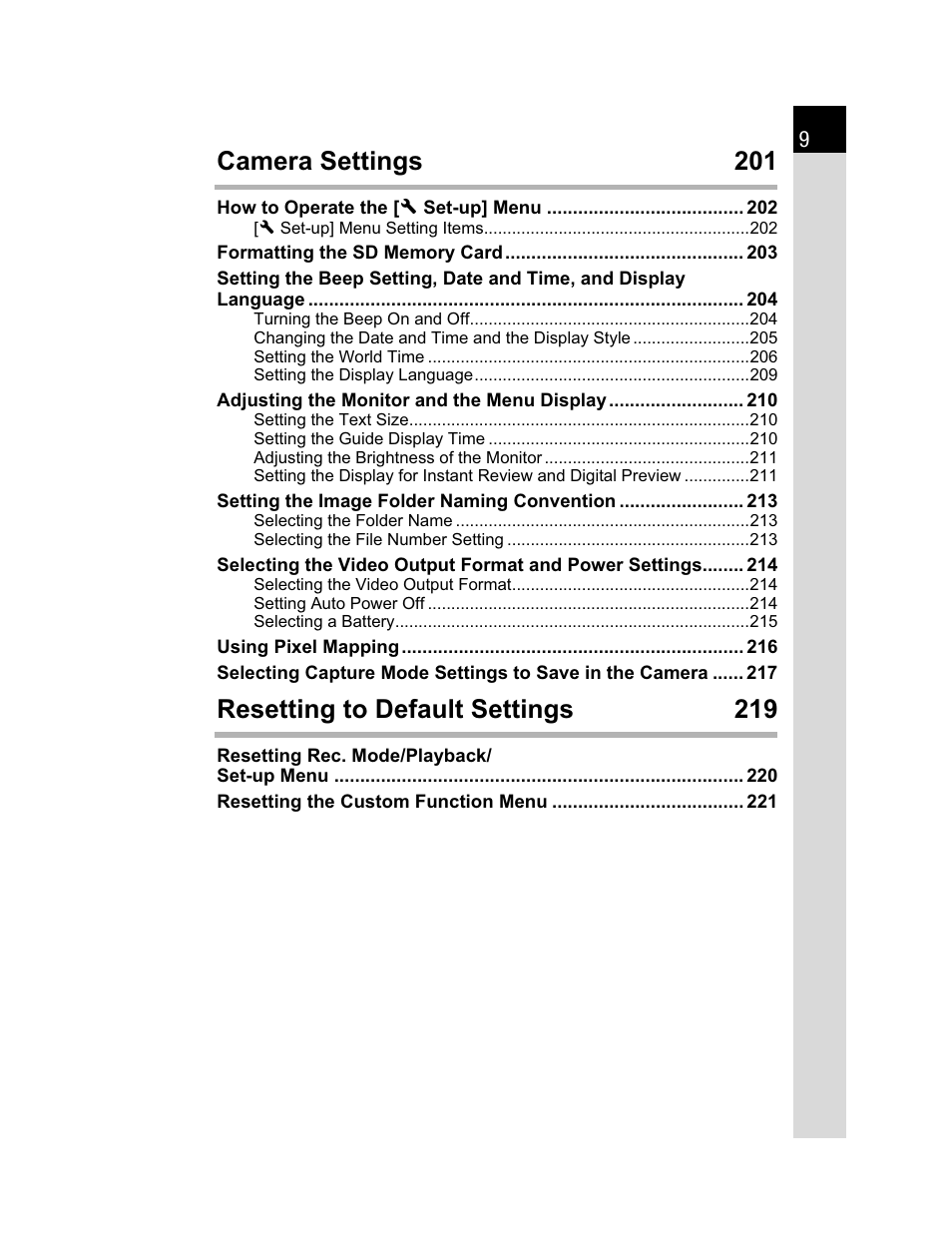 Camera settings 201, Resetting to default settings 219 | Pentax K200D User Manual | Page 11 / 266