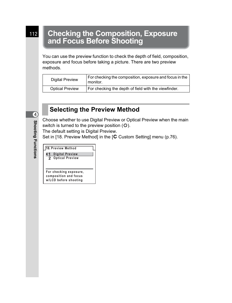 Selecting the preview method | Pentax K200D User Manual | Page 114 / 266