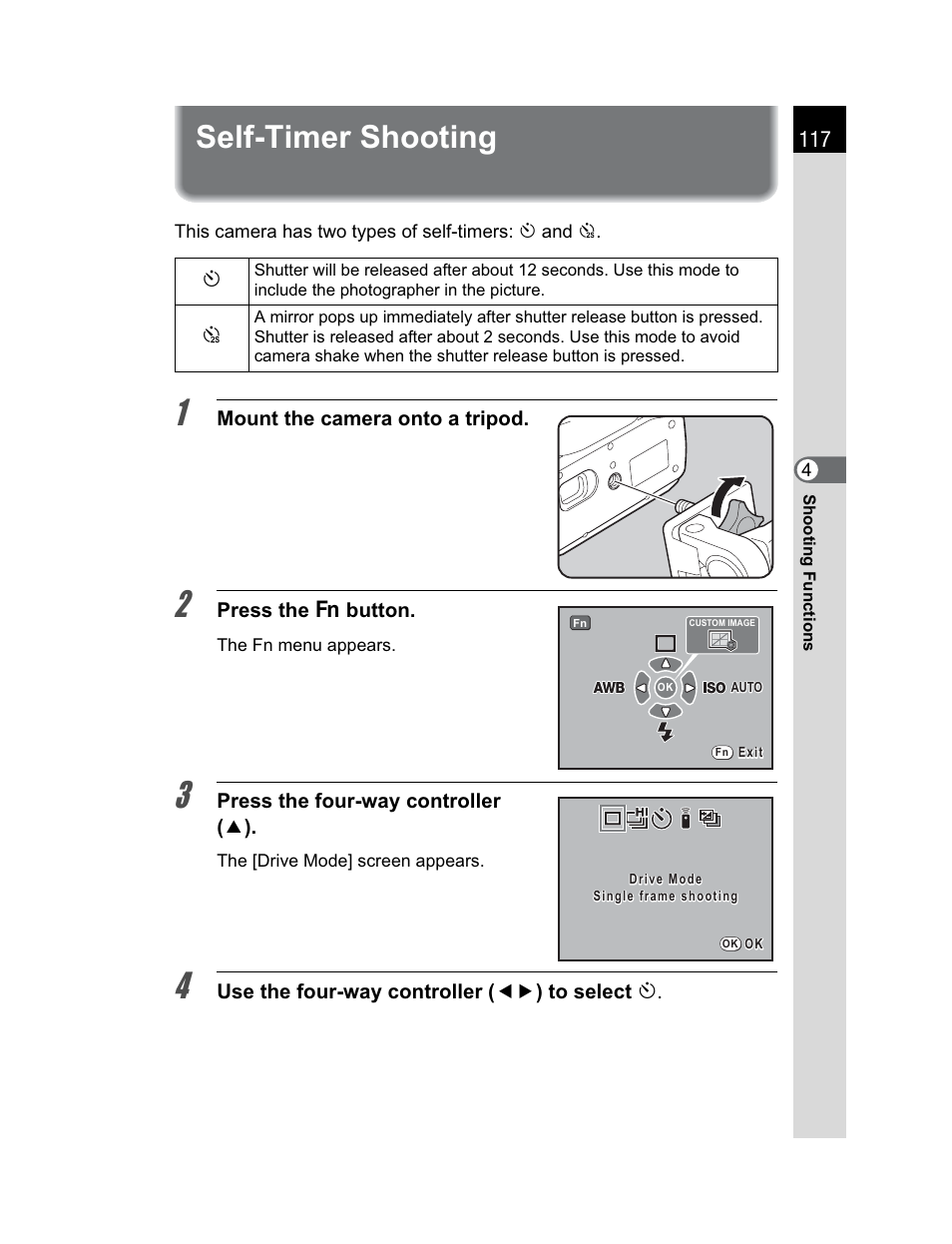 Self-timer shooting | Pentax K200D User Manual | Page 119 / 266