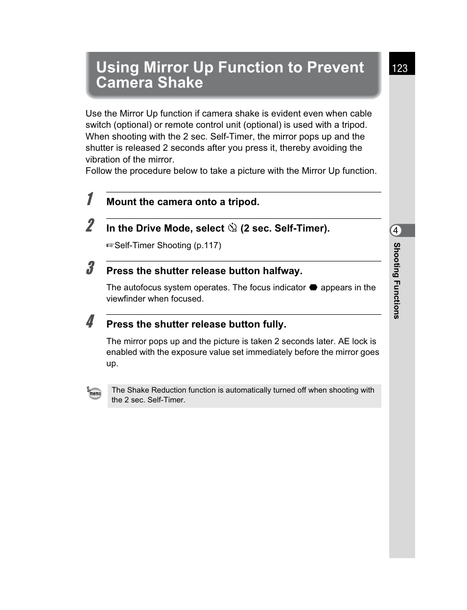 Using mirror up function to prevent camera shake | Pentax K200D User Manual | Page 125 / 266