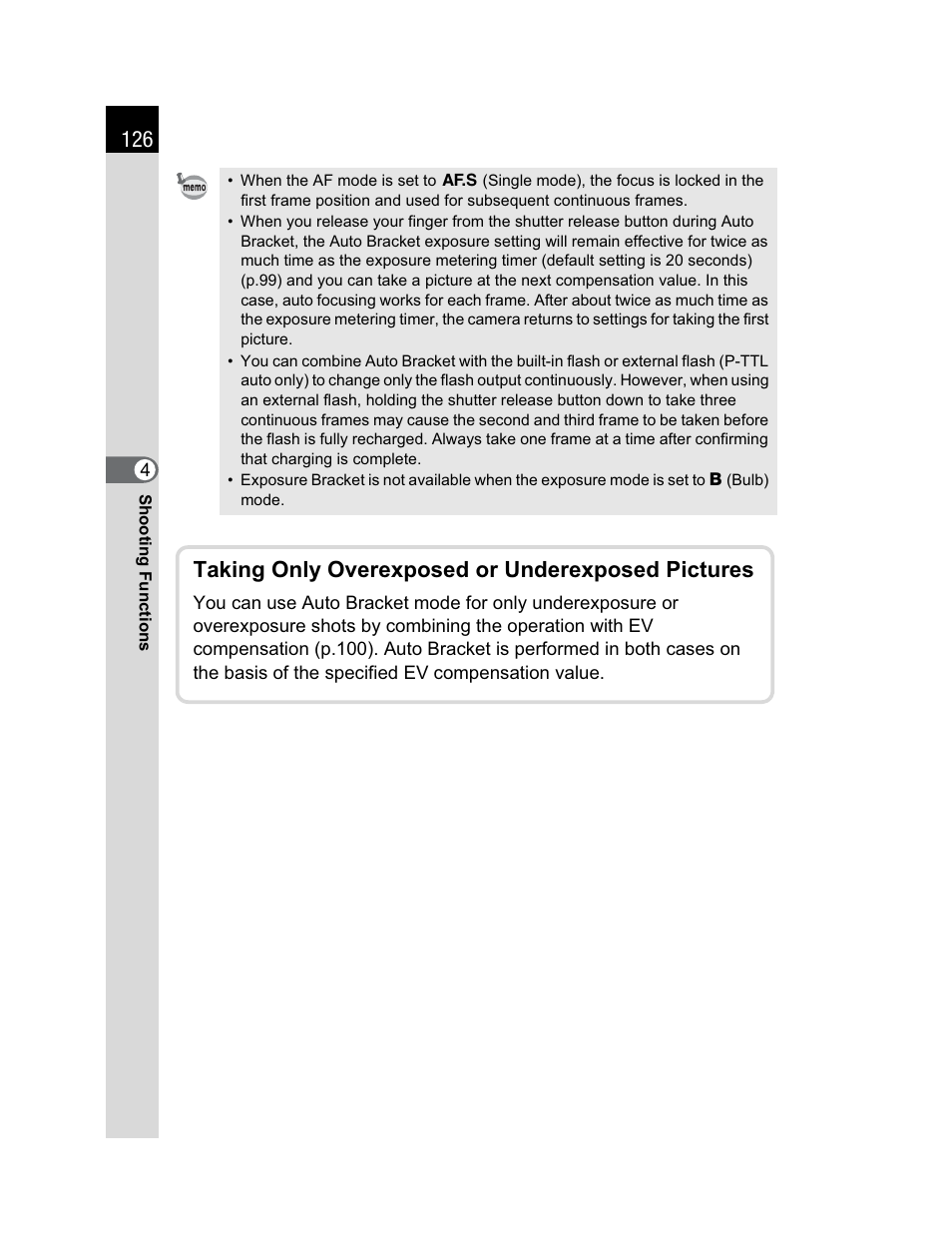 Taking only overexposed or underexposed pictures | Pentax K200D User Manual | Page 128 / 266