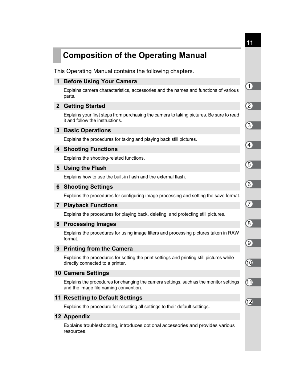 Composition of the operating manual | Pentax K200D User Manual | Page 13 / 266