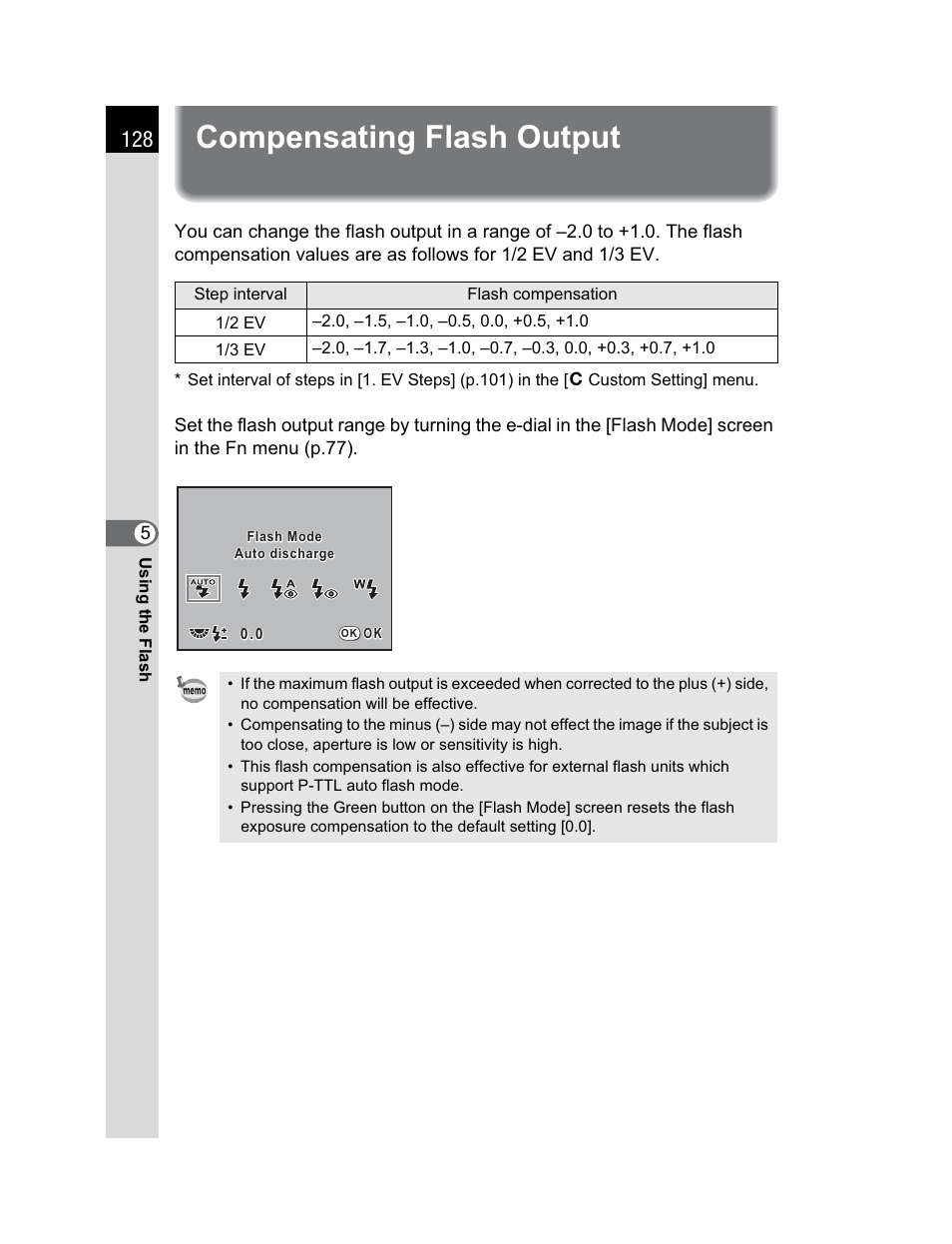 Compensating flash output | Pentax K200D User Manual | Page 130 / 266