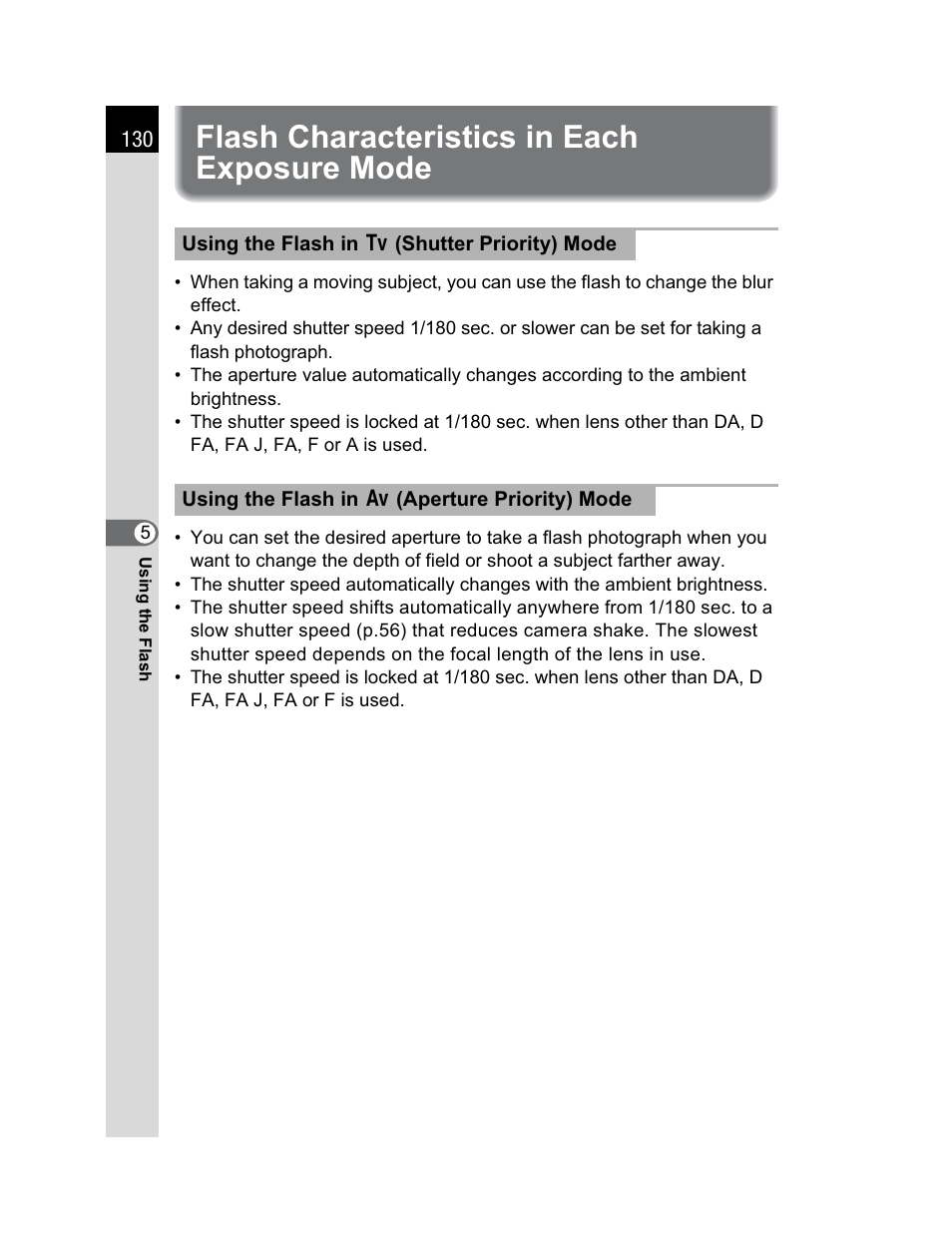 Flash characteristics in each exposure mode | Pentax K200D User Manual | Page 132 / 266