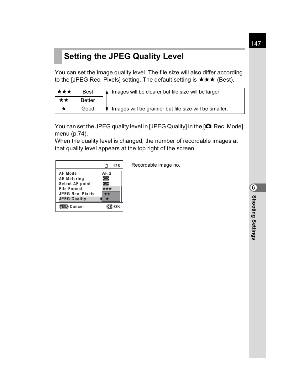 Setting the jpeg quality level | Pentax K200D User Manual | Page 149 / 266