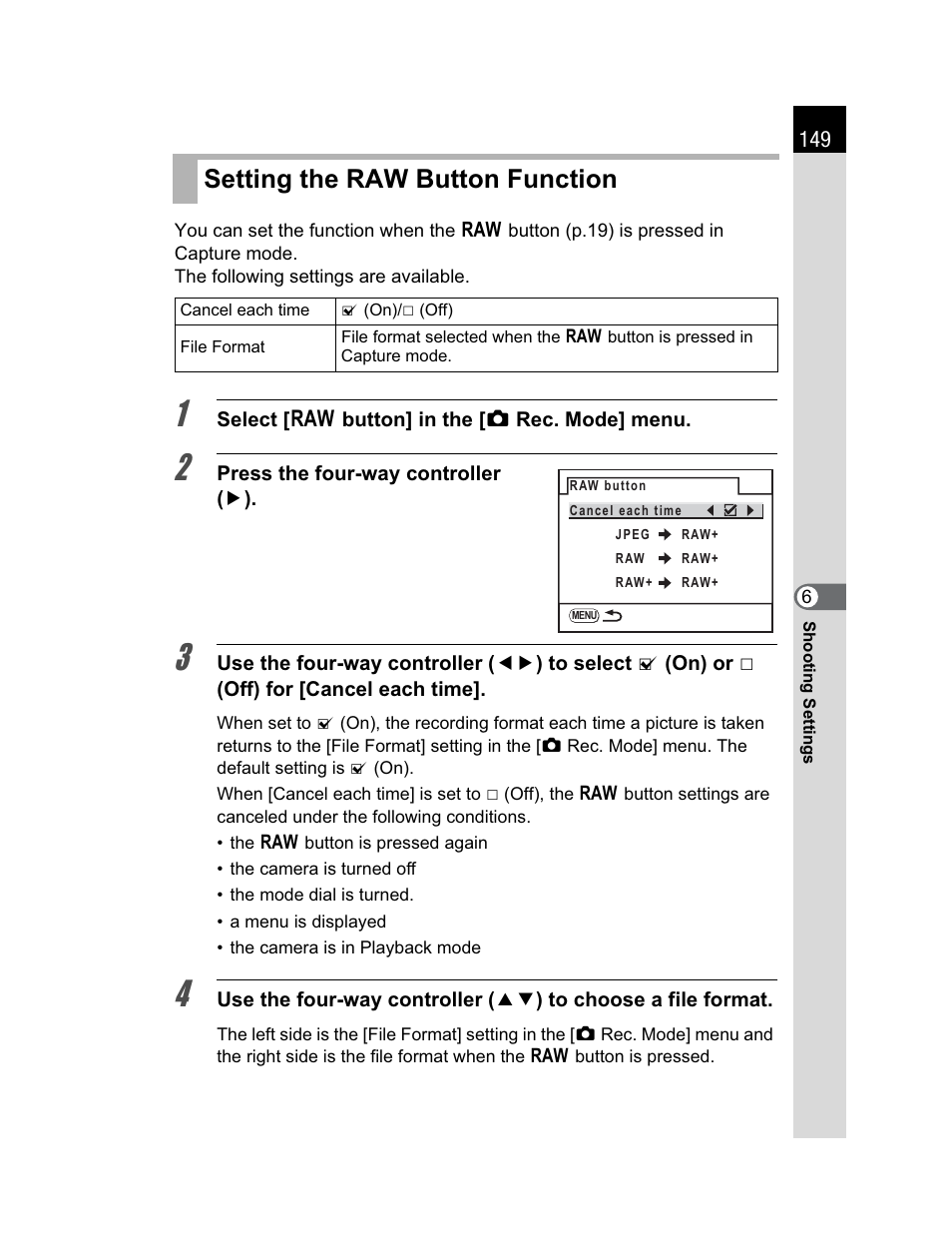 Setting the raw button function | Pentax K200D User Manual | Page 151 / 266