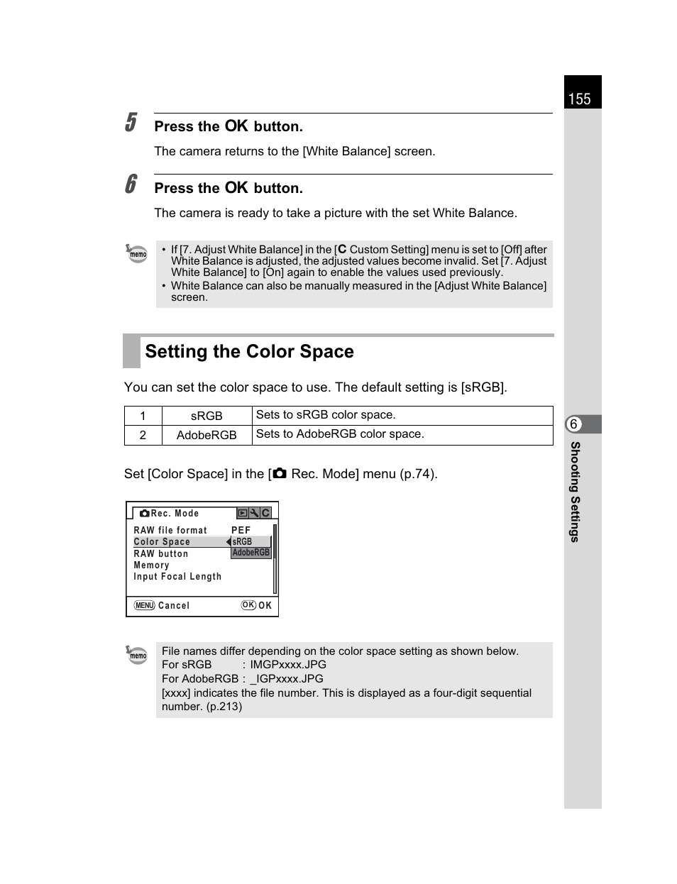 Setting the color space | Pentax K200D User Manual | Page 157 / 266