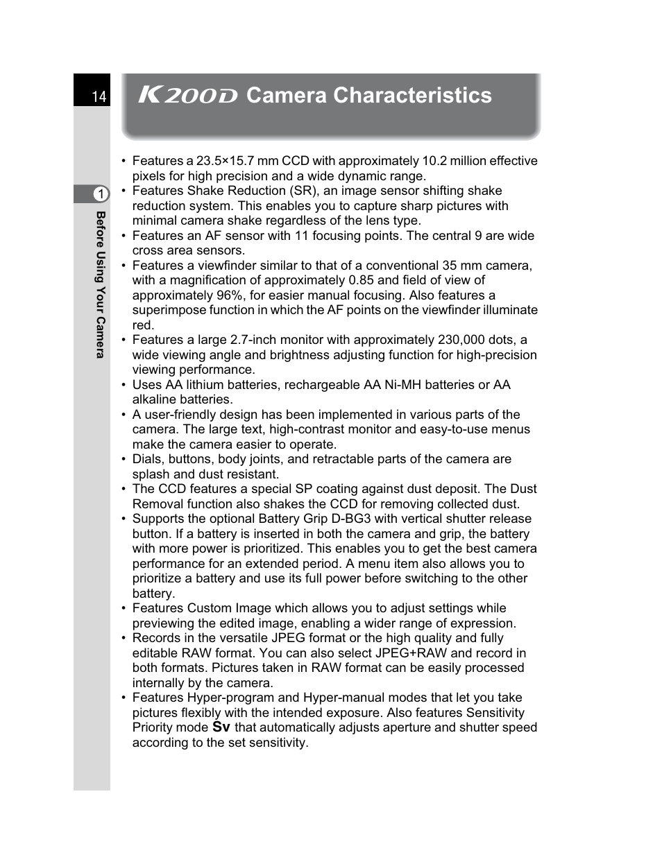 X camera characteristics | Pentax K200D User Manual | Page 16 / 266