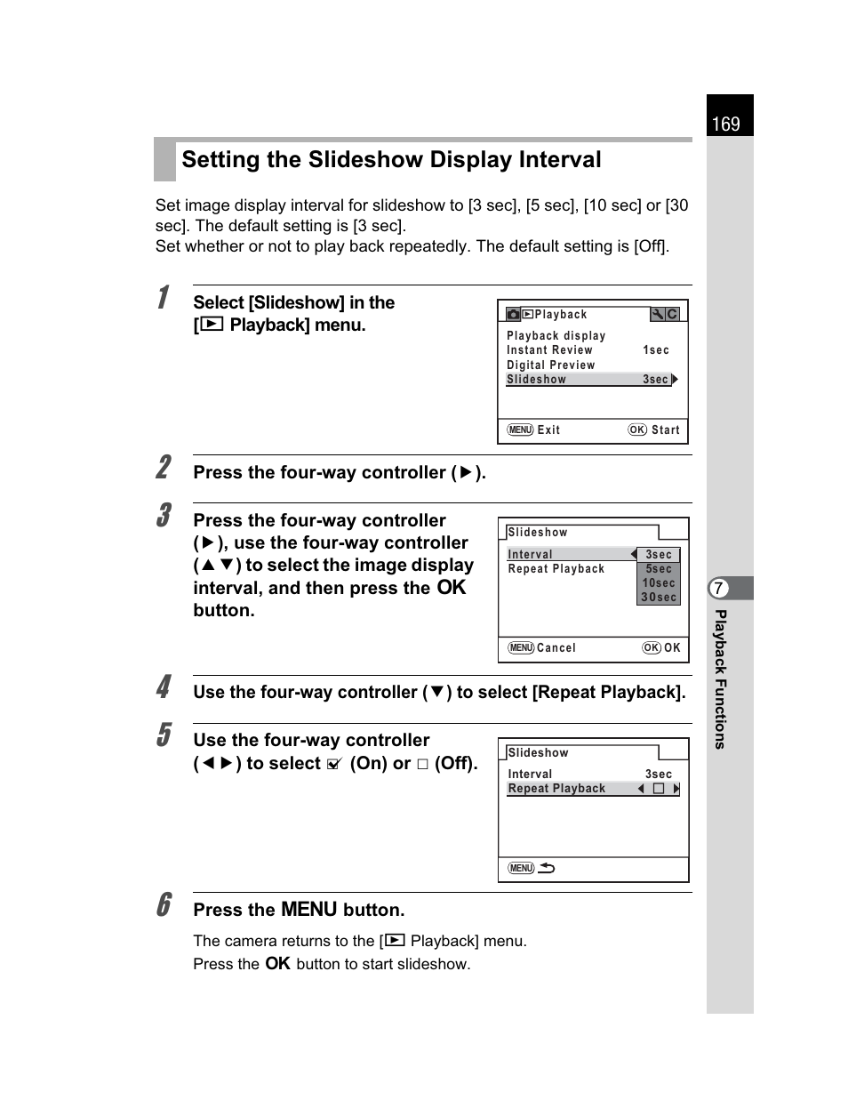 Setting the slideshow display interval | Pentax K200D User Manual | Page 171 / 266