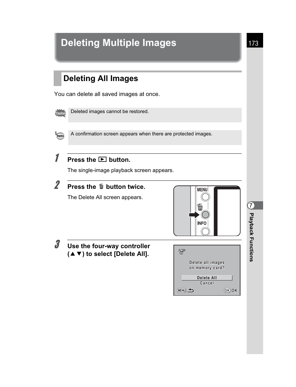 Deleting multiple images, Deleting all images | Pentax K200D User Manual | Page 175 / 266