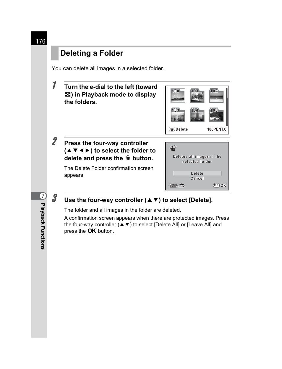 Deleting a folder | Pentax K200D User Manual | Page 178 / 266