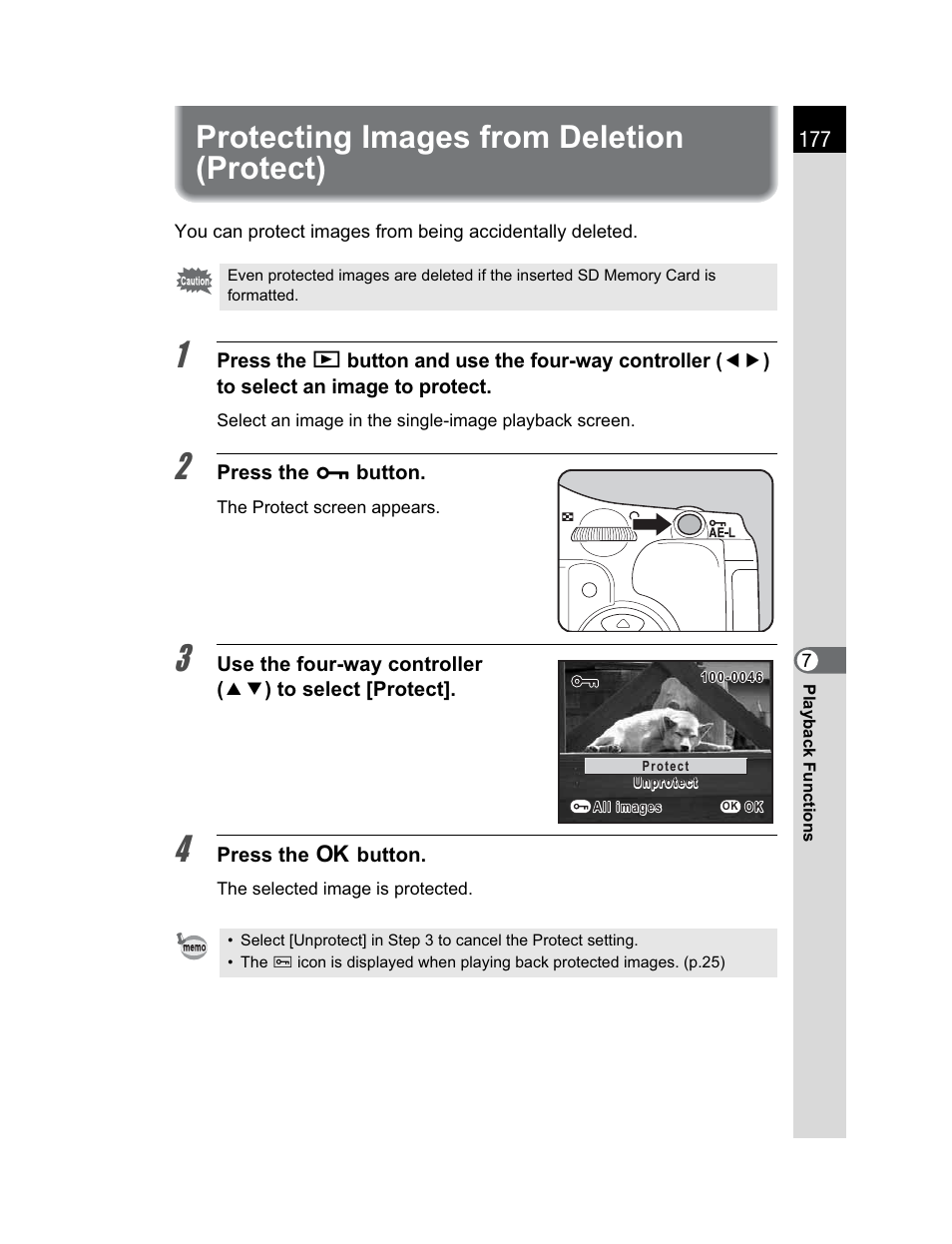 Protecting images from deletion (protect) | Pentax K200D User Manual | Page 179 / 266