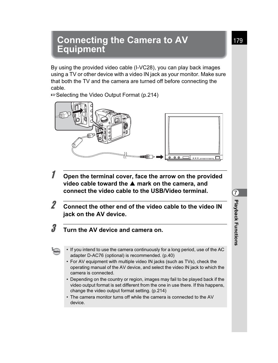 Connecting the camera to av equipment | Pentax K200D User Manual | Page 181 / 266