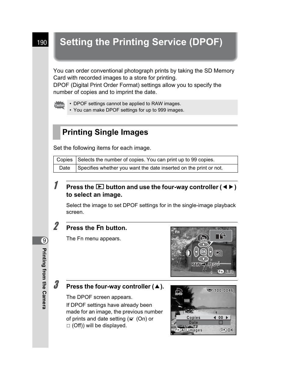 Setting the printing service (dpof), Printing single images | Pentax K200D User Manual | Page 192 / 266