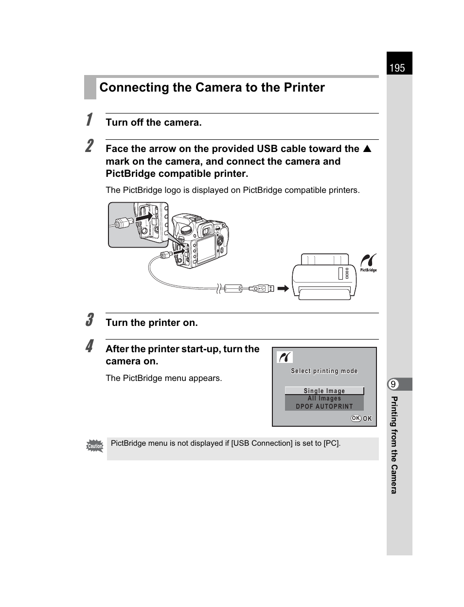 Connecting the camera to the printer | Pentax K200D User Manual | Page 197 / 266