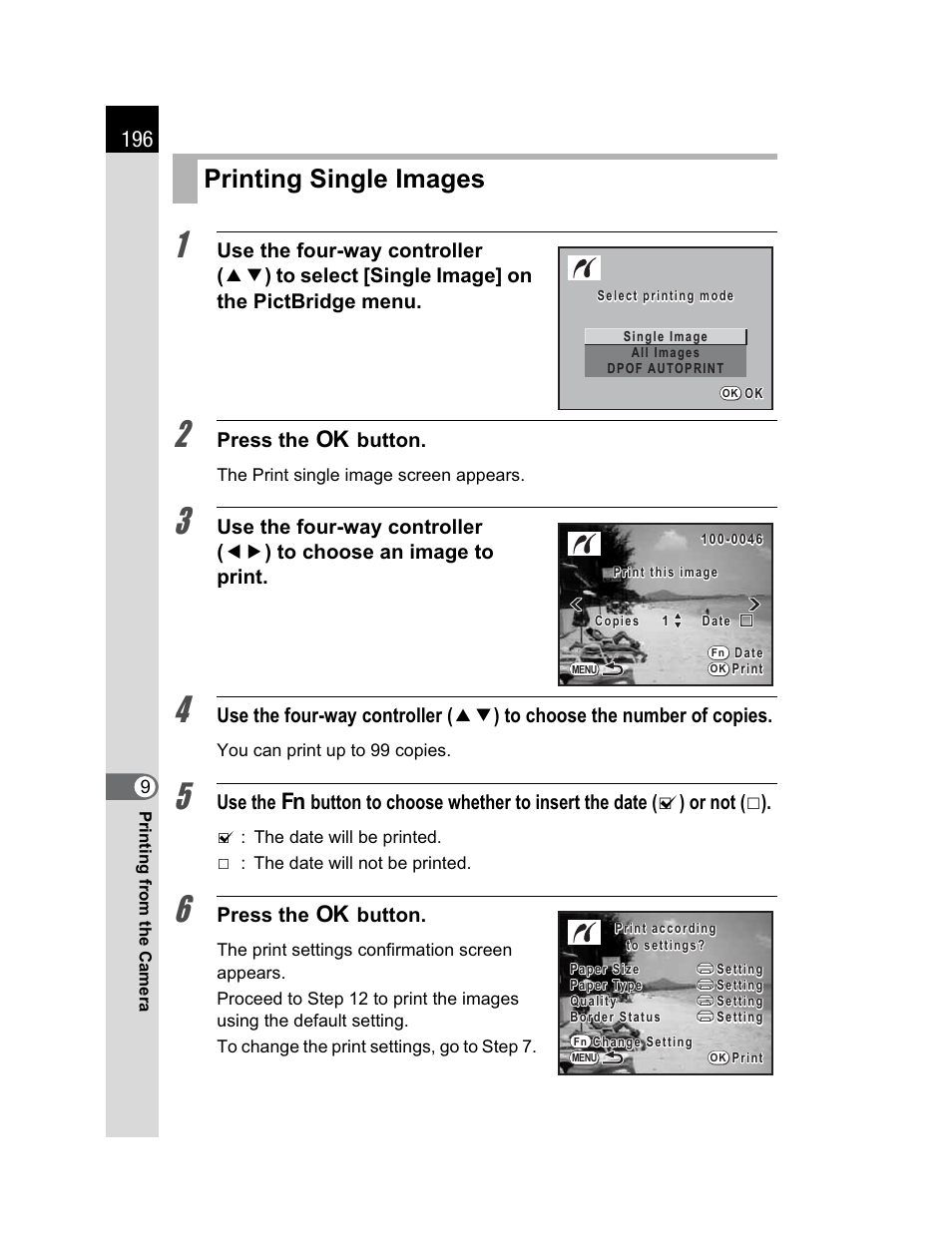 Printing single images, Press the 4 button | Pentax K200D User Manual | Page 198 / 266