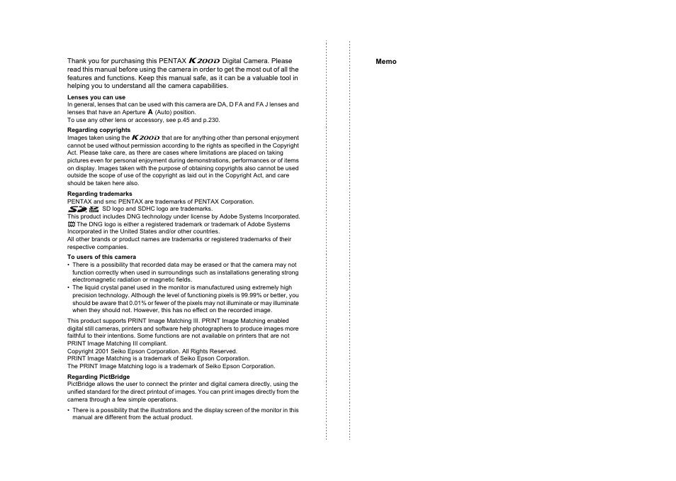 Pentax K200D User Manual | Page 2 / 266