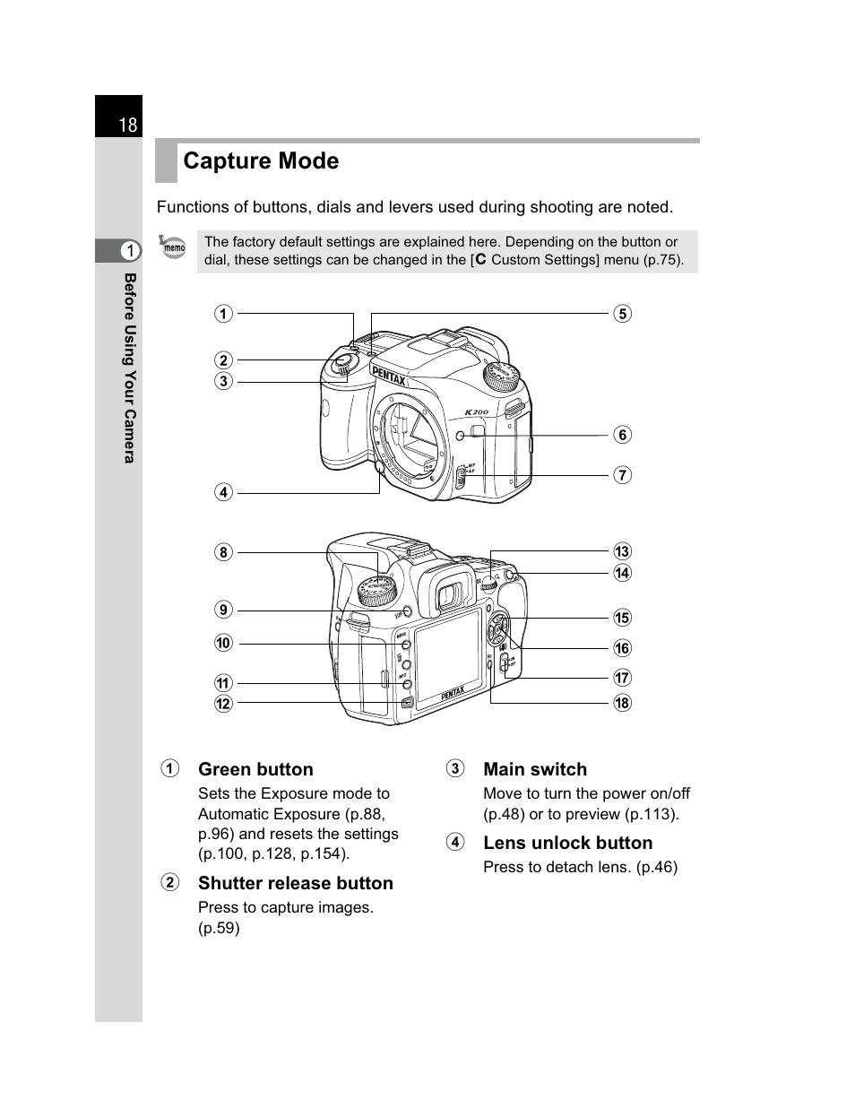 Capture mode | Pentax K200D User Manual | Page 20 / 266