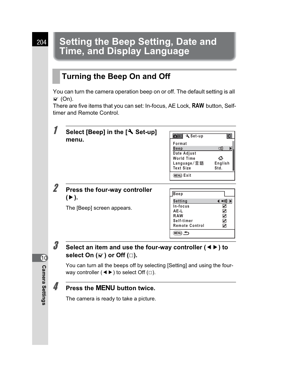 Turning the beep on and off | Pentax K200D User Manual | Page 206 / 266
