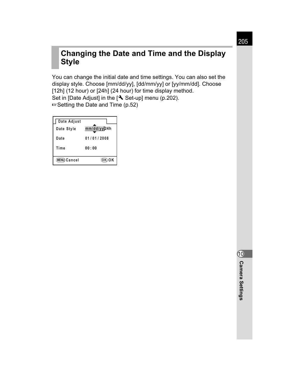 Changing the date and time and the display style | Pentax K200D User Manual | Page 207 / 266