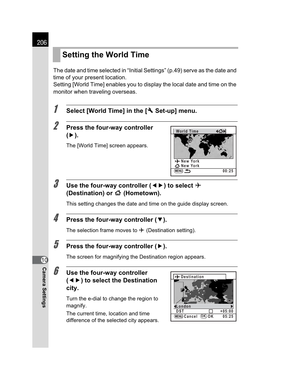 Setting the world time | Pentax K200D User Manual | Page 208 / 266