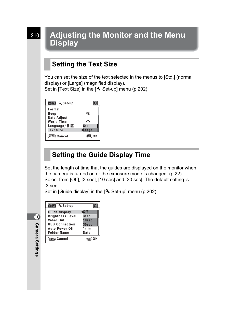 Adjusting the monitor and the menu display | Pentax K200D User Manual | Page 212 / 266