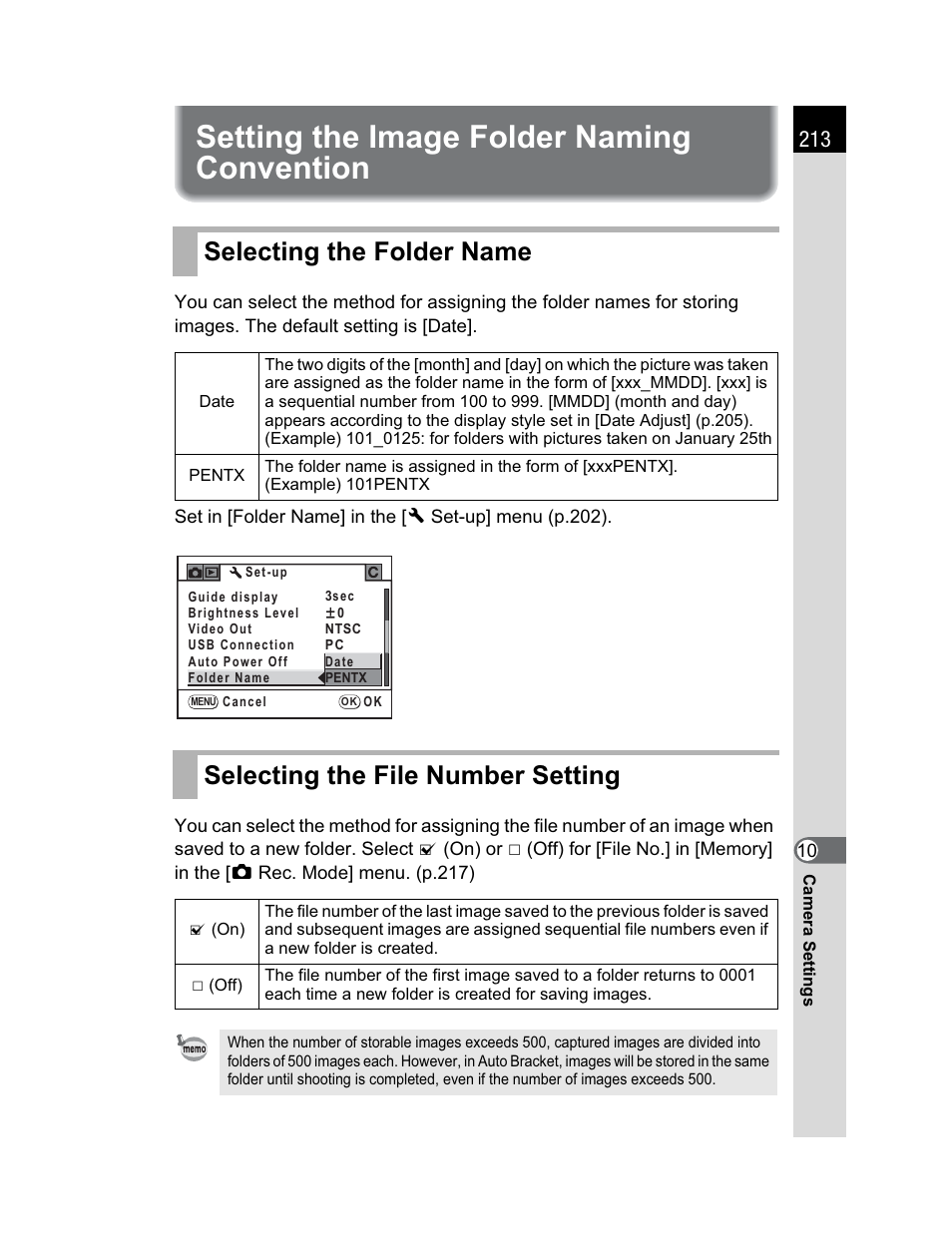 Setting the image folder naming convention, Selecting the folder name, Selecting the file number setting | Pentax K200D User Manual | Page 215 / 266