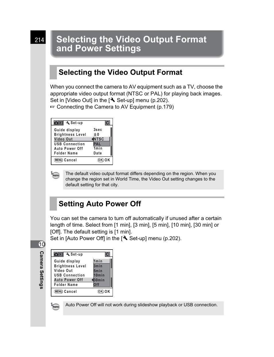 Selecting the video output format, Setting auto power off | Pentax K200D User Manual | Page 216 / 266