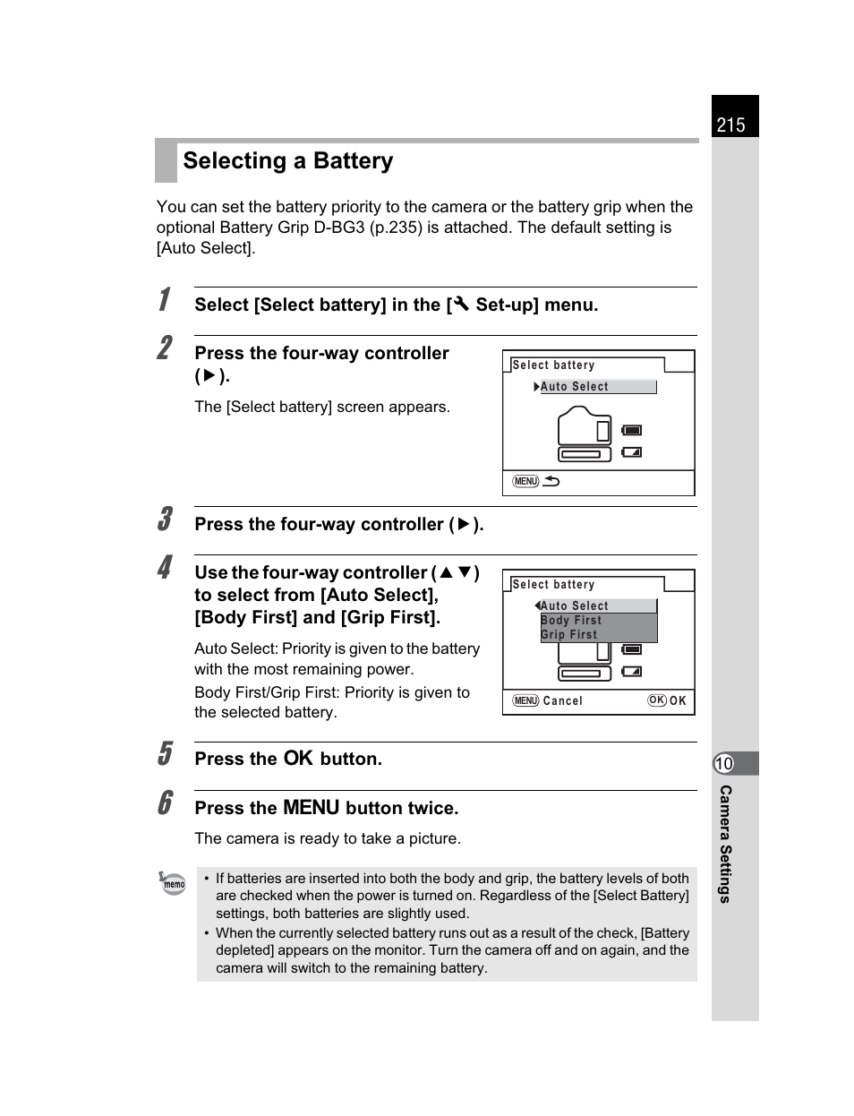Selecting a battery | Pentax K200D User Manual | Page 217 / 266