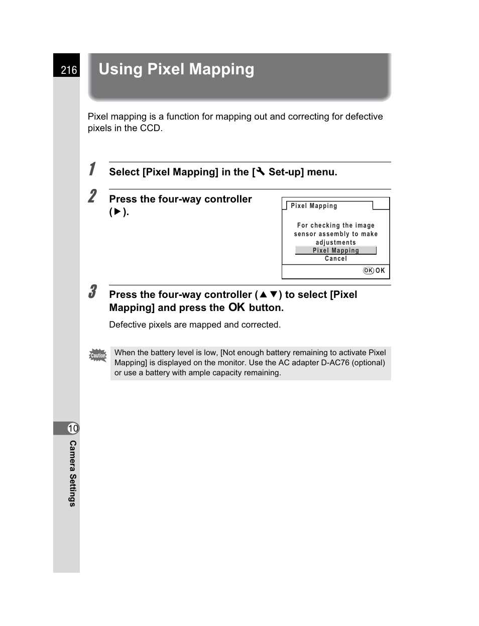 Using pixel mapping | Pentax K200D User Manual | Page 218 / 266