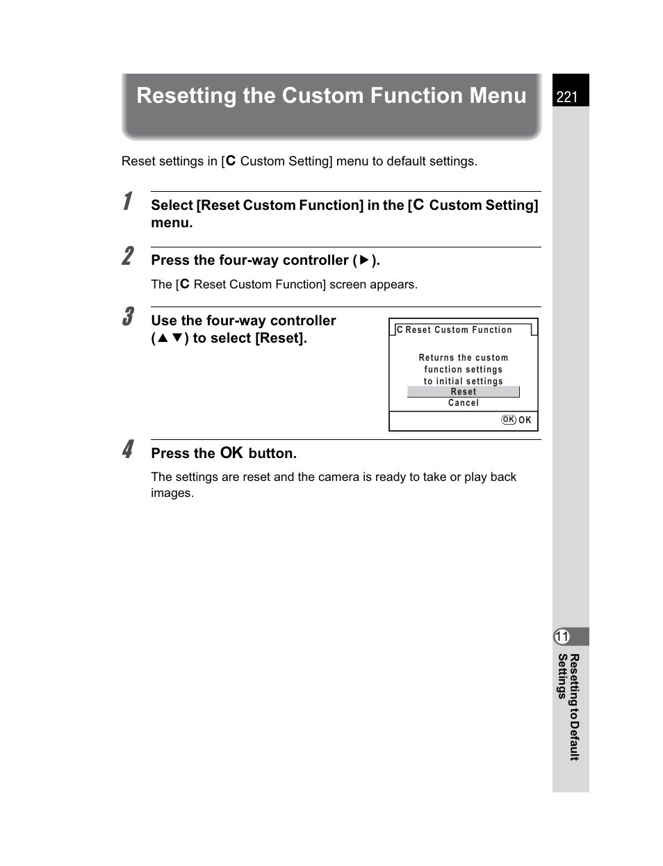 Resetting the custom function menu | Pentax K200D User Manual | Page 223 / 266