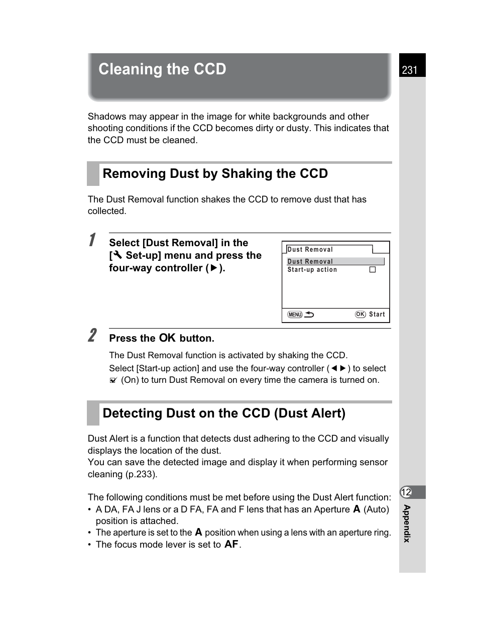 Cleaning the ccd | Pentax K200D User Manual | Page 233 / 266