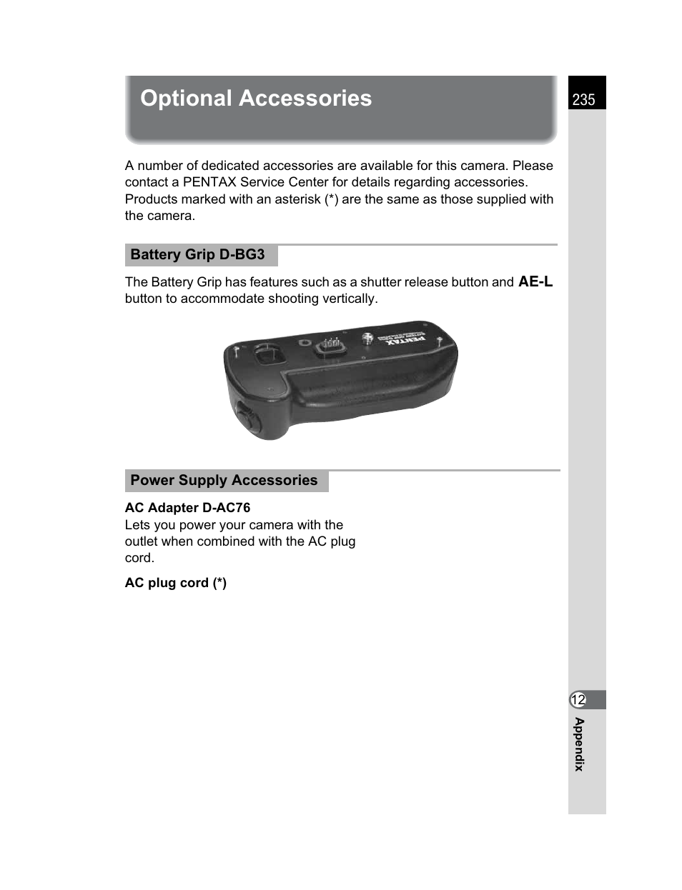 Optional accessories | Pentax K200D User Manual | Page 237 / 266