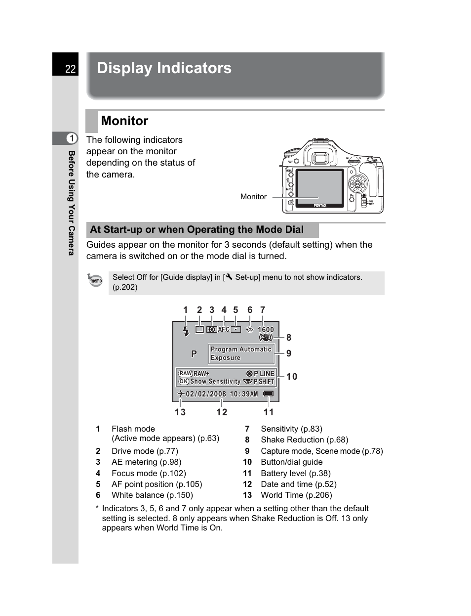 Display indicators, Monitor, At start-up or when operating the mode dial | Pentax K200D User Manual | Page 24 / 266