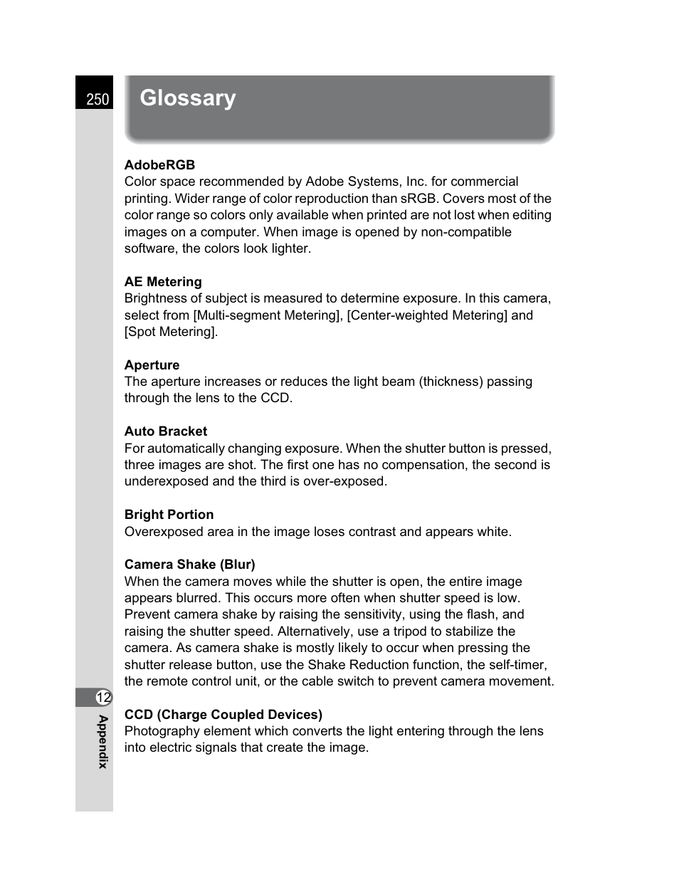Glossary | Pentax K200D User Manual | Page 252 / 266