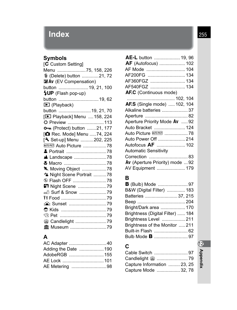 Index | Pentax K200D User Manual | Page 257 / 266
