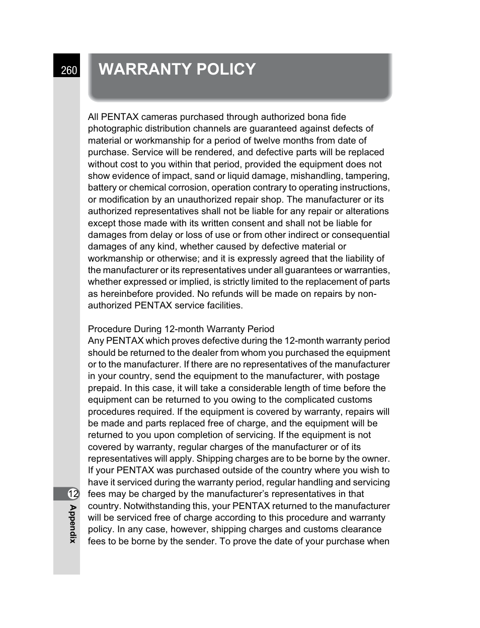 Warranty policy | Pentax K200D User Manual | Page 262 / 266